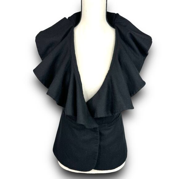 Anthropologie Tabitha Falling In Love Black Wool Blend Vest Ruffle Vneck Size 4 - Picture 2 of 9